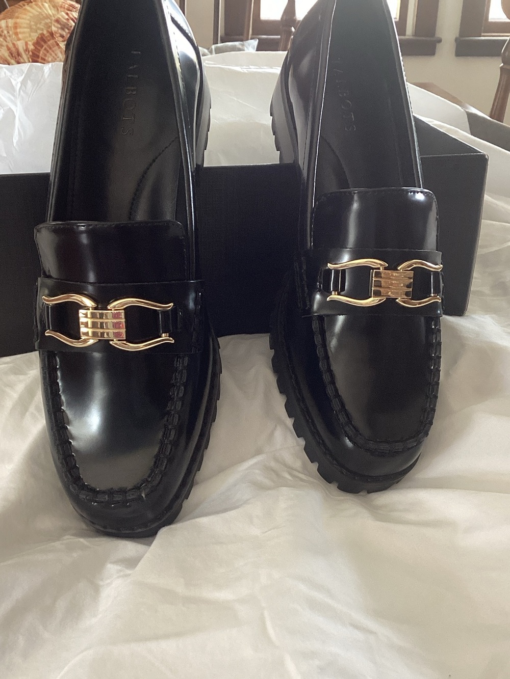 Talbots Gianna Black Leather Loafers with Gold Accent